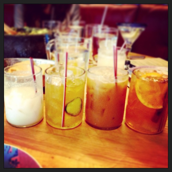 From left to right: Chilled Horchata de Coco, El Tule (w/ gin), Horchata Especial, and El Vaquero (w/ tequila and bourbon)
