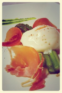Sous vide egg and asparagus with prosciutto and basil oil